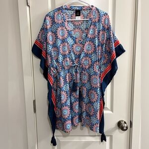 Echo Blue and Red Boho Floral Hanker Chief Tassel Tunic